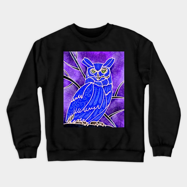 Boho Owl Blue on purple Crewneck Sweatshirt by MarcyBrennanArt